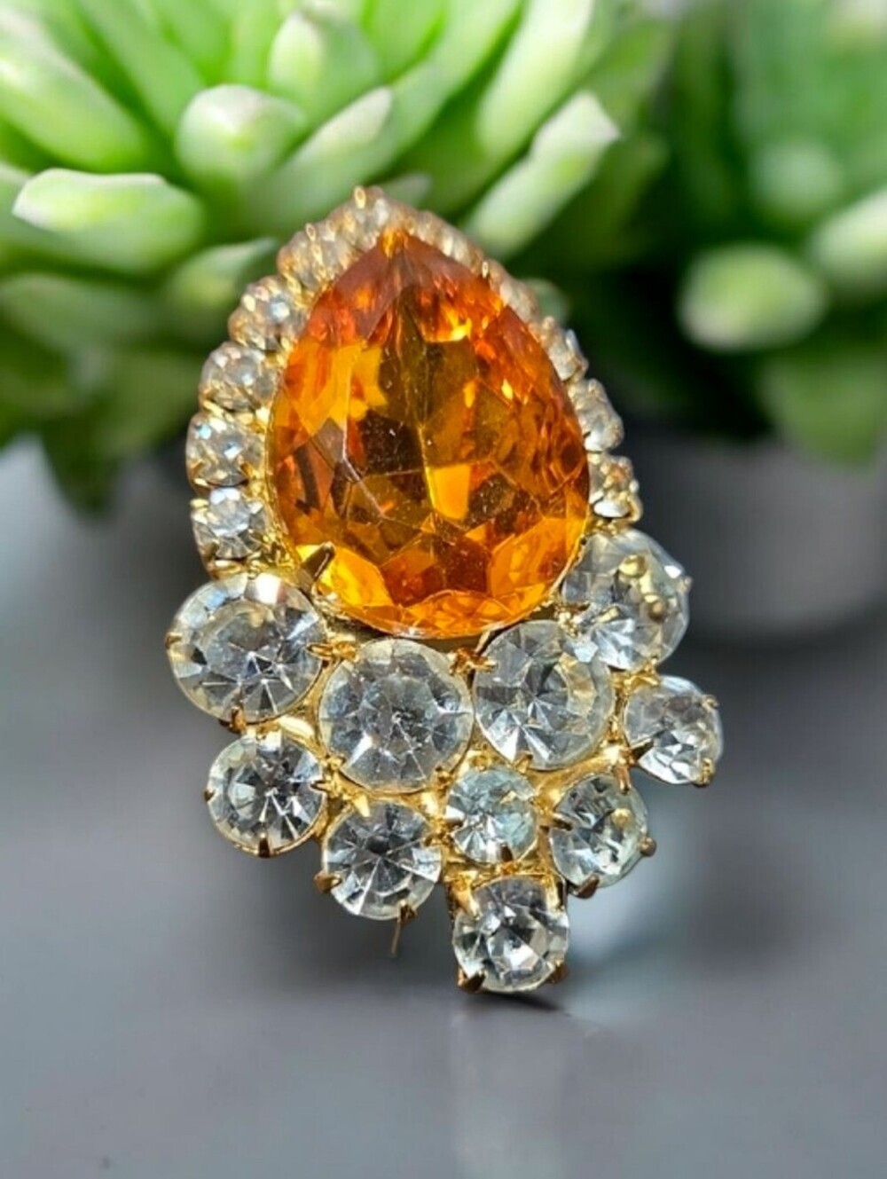 Gold-Tone Amber Teardrop & Clear Crystal Cluster Brooch Necklace Pendent - Picture 11 of 12